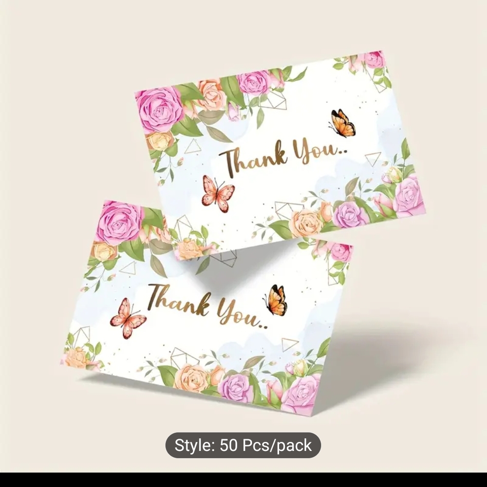 50 Count Floral W/ Butterfly Thank You Cards New